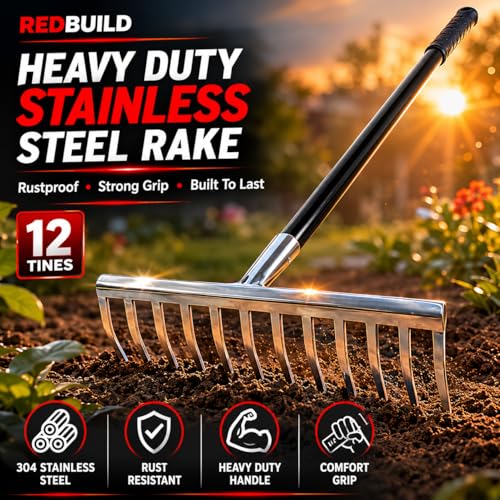 Image of REDBULD Heavy Duty Stainless Steel Garden Rake with Long Handle | Rake for Gardening | Rake for Quick Clean Up of Lawn and Yard | Garden Leaf | Garden Fork