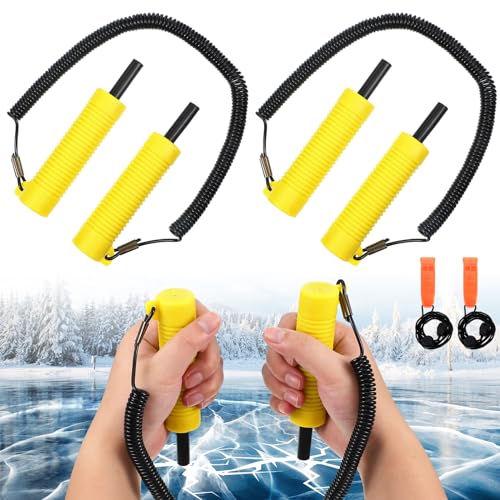 Gisafai 4 Pcs Retractable Ice Safety Picks Kits for ICES Fishing Skating Emergency Gear Accessories Portable Picks and Safety Whistle Tool Ice Spearing Equipment Winter Activities(Yellow,Separate)