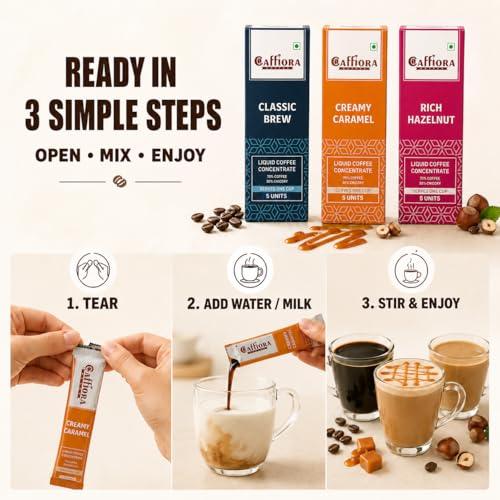 Image of Caffiora Liquid Coffee Concentrate | Triple Flavour Combo | Classic Brew + Creamy Caramel + Rich Hazelnut | 15 Sachets (3 x 5 x 20ml) | Instant Coffee | Sugar Free | Hot & Cold