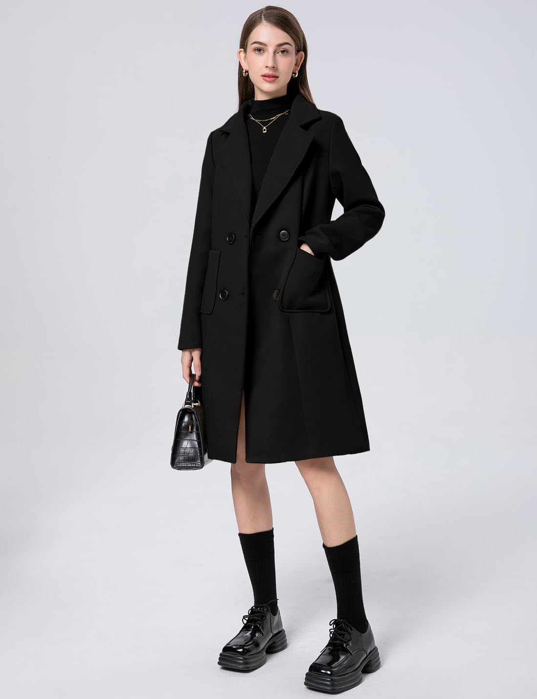 Women's Winter Wool Blend Coat Notched Collar Double Breasted Lapel Mid Long Jacket Thick Warm Trench Outwear