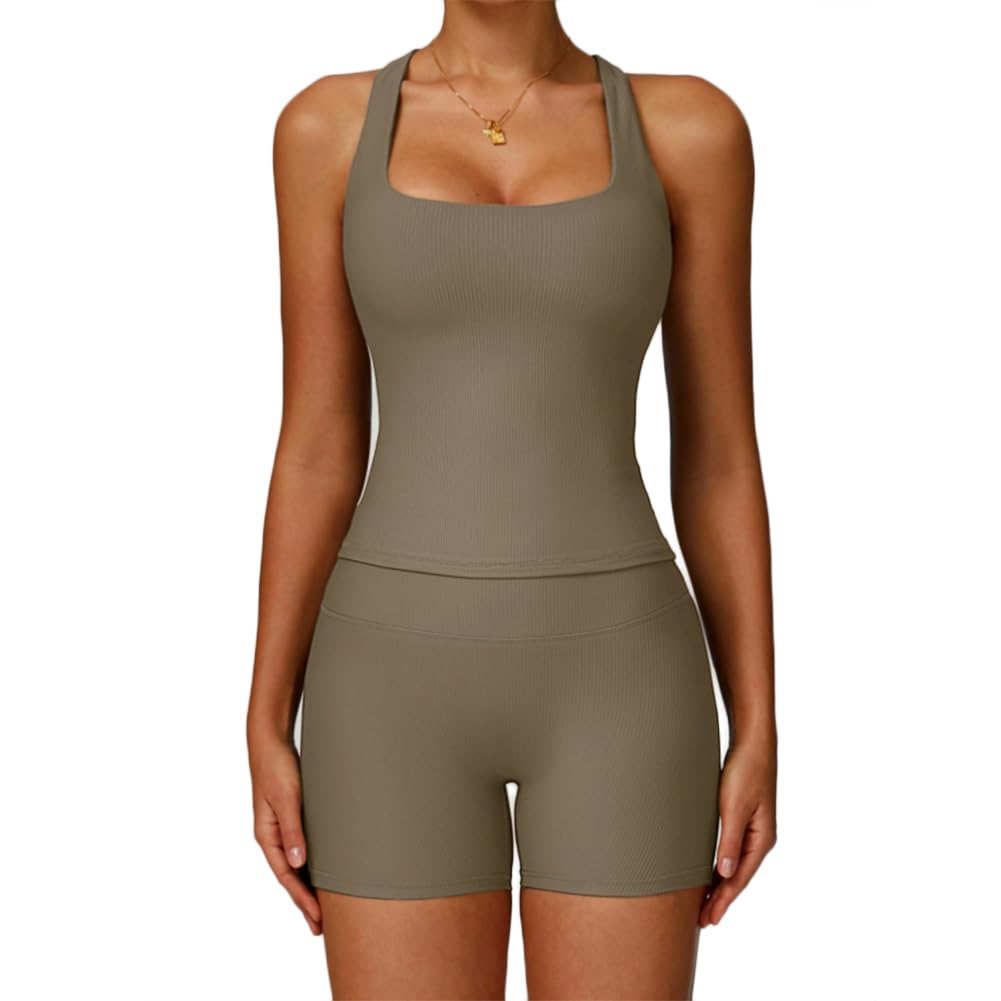 XYFfybhsd Women's Stretch Yoga Set Sexy Tank Top Tight Fit Beautiful Back High Waist Butt Lifting Leggings Gym Outdoor Activewear (Size:S,Color:Beige)