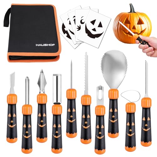 HAUSHOF 20PCS Halloween Pumpkin Carving Kit, 10PCS Professional Heavy Duty Stainless Steel Pumpkin Carving Tools with Carrying Case and 10 Pumpkin Carving Stencils for Halloween Jack-O-Lanterns