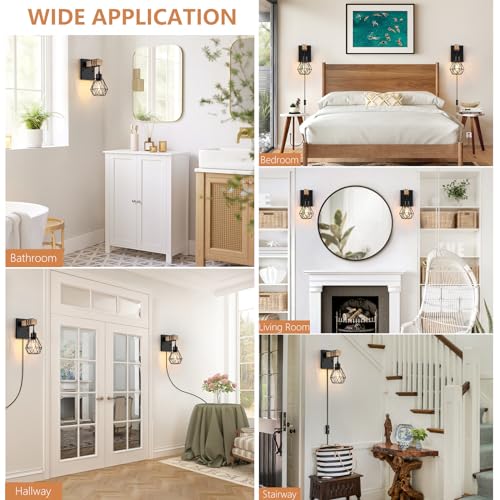 Image of Lomoky Plug in Wall Sconces Set of Two, Vintage Wood Wall Lamps with Plug in Cord, Farmhouse Wall Light Fixture with 5.25FT On /Off Switch Cord, Indoor Sconces Lighting for Bedroom Living Room
