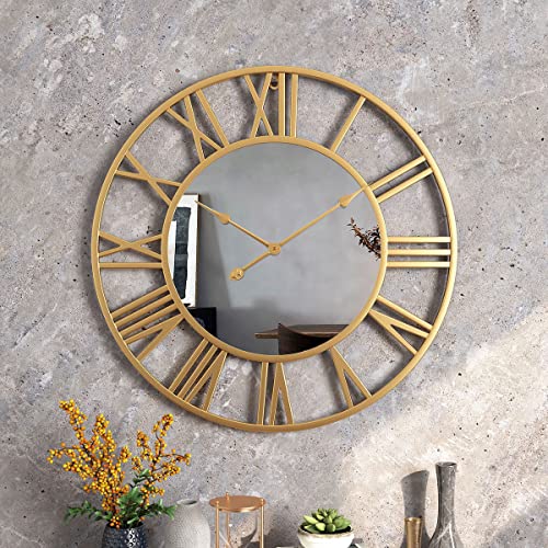 QHENS Horloge Murale Métal Vintage avec Miroir Pendules Murales Silencieuse Doré Ronde 50 cm avec Grandes Chiffres Romain Rétro Pendaison Horloge Décoration pour Salon Cuisine