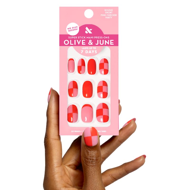 Olive & June Classic Super Stick Mani Press On Nails | Short Round | No Glue Needed | 32 Tab Nails in 16 Sizes | Non-Toxic Tabs | Easy On-Off Non-Damaging Realest Look | 7-Day Wear |Pink Checker Party