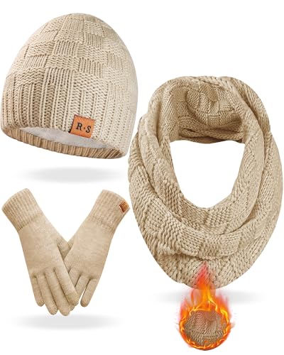REACH STAR Womens Winter Warm Beanie Hat Touchscreen Gloves Scarf Set with Soft Lined 3 In 1 Set for Cold Weather