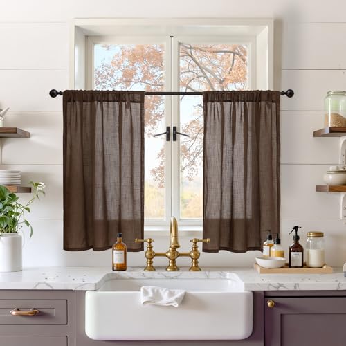 Image of BGment Brown Linen Short Curtains 36 Inch Length for Window, Small Sheer Drapes for Kitchen Cafe Over Sink Bathroom Decor Lightweight Rustic Country Textured Rod Pocket, 2 Panels, Each 30 Inch Wide