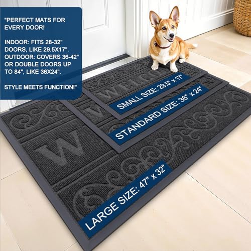 Image of OLANLY Welcome Door Mat Indoor Outdoor Entrance, Heavy Duty Sturdy Front Door Mat, Waterproof All-Weather Doormat, Stain Resistant, Low Profile, Easy Clean Patio Entryway Mat, 59 x 35, Black