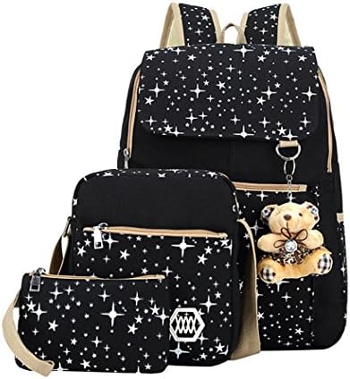 Star Print Girls Black Canvas Backpacks Set for School, School Bags Bookbags for Teenage Girls, with Crossbody Bag, 3 Pieces