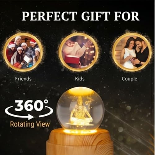 Image of 3D Crystal LED Night Lamp with Lord Shiva Engraving Wooden Base Warm Light Decorative Lamp Spiritual Home Decor Gift for Pooja Room, Bedroom Office USB Powered Crystal Ball Lamp