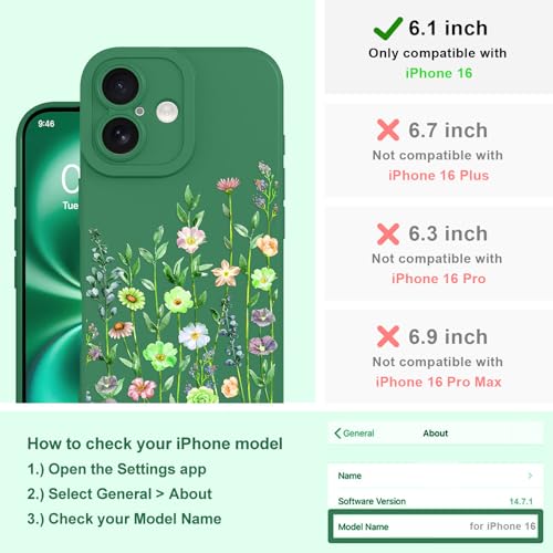 Image of Designed for iPhone 16 Case Flower for Women Girls, Green | Cute Floral Pattern Liquid Silicone Phone Case [Full Camera Protection] Slim Soft TPU Protective Cover