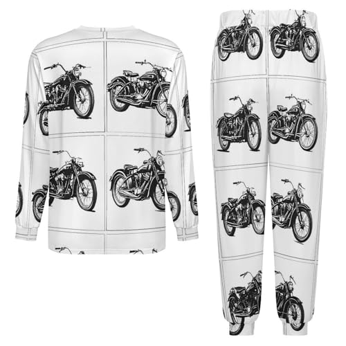 Black And White Motorcycle Soft Mens Pajamas Set Round Neck Pullover Long Sleeve And Pants Loungewear 2 Piece Pjs Set4