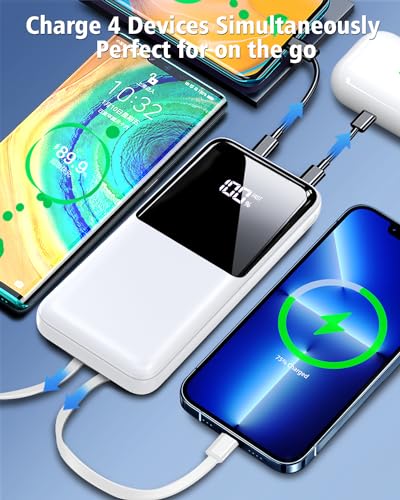 CFIAI Portable Charger Power Bank - 20000mAh Fast Charging Portable Battery Pack with Built in USB-C(22.5W) and iOS(20W) Output Cables Compatible with iPhone Android Samsung Phone etc (1 Pack, White)