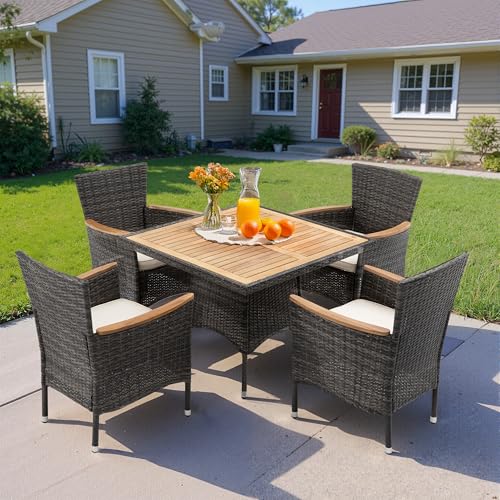 Wisteria Lane 5-Pieces Patio Dining Sets, Rattan Outdoor Table and Chairs with Acacia Wood Tabletop, Metal Patio Dining Furniture for 4 with Removable Cushions for Deck Garden Backyard, Grey