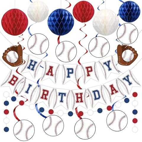 Baseball Party Decorations Happy Birthday Banner Baseballs Honeycomb Balls Hanging Swirls Circle Dot Garland for Baseball Sports Themed Birthday Party Decorations Cover