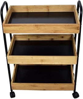 S-t-x Acciaio al Carbonio Staffa Mobile Trolley, Bamboo Bagagli Vassoio 3 Tier Rack di stoccaggio, Sei Centimetri circostante con Maniglia, for la Cucina/Soggiorno/Ufficio