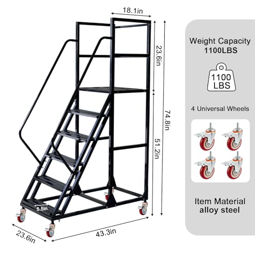 Image of 6 Step Rolling Ladder - Mobile Rolling Stairs with Wheels, Heavy Duty Industrial Safety Non-Slip Metal Rolling Ladders, 1100lbs Capacity, for Warehouse, Garage, Supermarket