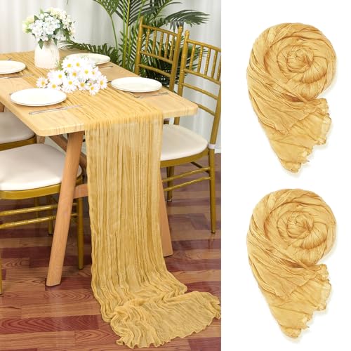 YMHPRIDE Lot de 2 Chemins de Table en étamine en Or, 90 x 300cm en Tissu de Gaze Rustique,Or décoration de Table de Mariage Nappe pour fête de Douche Nuptiale décorations de Table