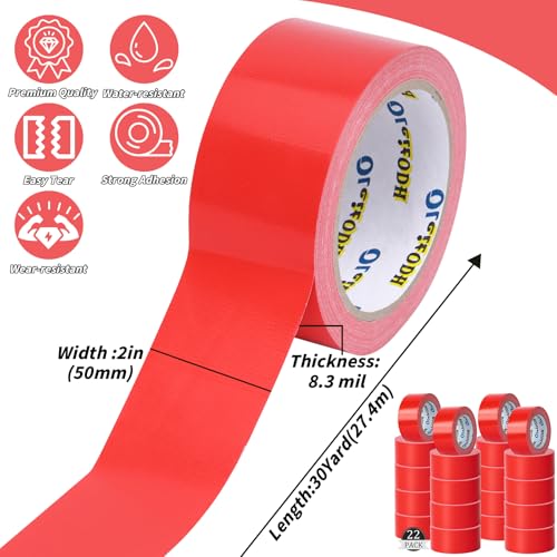 Image of Oleitodh 22 Pack Red Duct Tape Heavy Duty,8.3 Mil Thickness,2 Inches x 30 Yards,Strong Industrial Strength,Flexible,No Residue,Waterproof and Tear by Hand,Multi-Use for Indoor & Outdoor Repairs