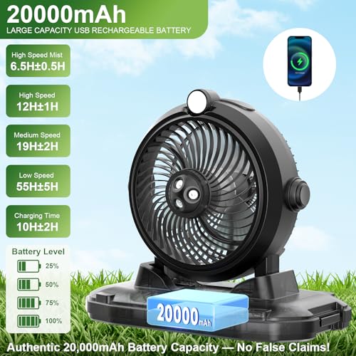 Portable Misting Fan with 11L Large Bucket, 20000mAh USB Rechargeable Battery Operated Camping Fans, 3 Large Spray Nozzles & 3 Strong Wind Speeds Misting Fan, Hanging & Lighting for Outdoor Patios - Thumbnail 3