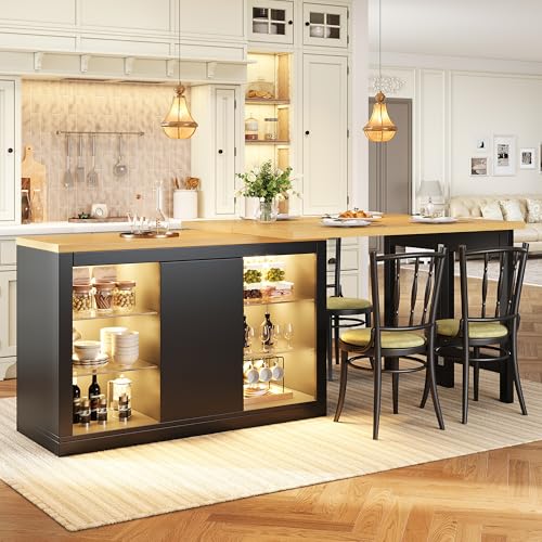 Yihomfy Îlot Central Cuisine avec Plan de Travail Extensible 120-197cm, Table de Bar avec RGB LED, Pivotant à 360°, Portes Magnétiques et Étagères en...
