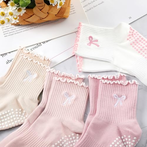 Jeyiour 4 Pairs Cute Pilates Grip Socks for Women, Ruffle Non Slip Crew Grippy Yoga Socks with Bow for Gym Ballet Barefoot3