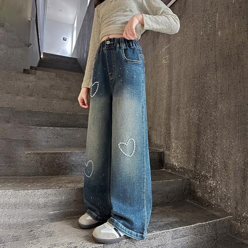 Baggy Heart Embroidery Jeans for Youth Girls Wide Leg Elastic High Waist Denim Pants Kids Girls Cute Trendy Trousers2