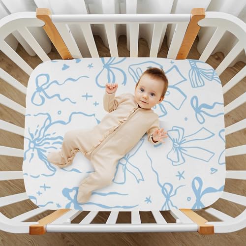 Image of Cartoon Doodle Blue Bows Fitted Crib Sheets Stretchy Portable Playard Sheets for Baby Toddler, Breathable Soft Mini Crib Mattress 52 x 28 in for Boys and Girls