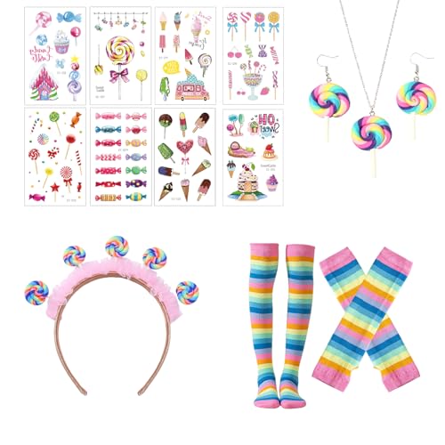 MUNSKT Lollipop Kostüm Bonbon Kostüms Lollipop Haarreif Haarschmuck Fingerlose Handschuhe Ohrringe Halskette Tattoos für Bonbon Strumpfhose Candy Girl Kostüm Damen Halloween Fasching Karneval