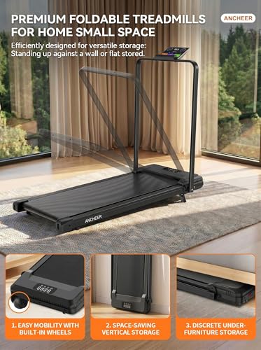 Image of ANCHEER Treadmill with 12% /15% Incline, Folding Walking Pad with Handle Bar, 320-450lb Capacity Under Desk Foldable 3.5HP Treadmills for Home /Office /Gym,Installation-Free