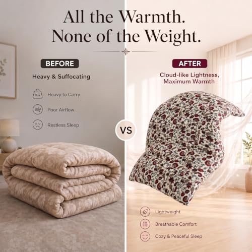 Image of SANMARINO Luxury Flannel Quilted Comforter for Double Bed | Ultra Soft Plush Razai with Modern Floral Design | Fuffly, Cozy All Season Blanket for Mild & Heavy Winter |220x230 cm,Cream & Maroon