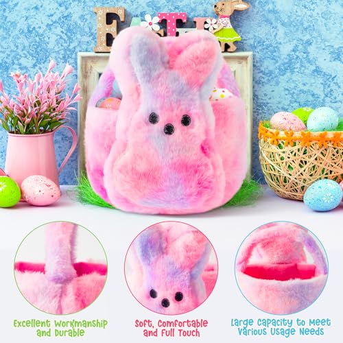 Image of Easter Fluffy Bunny Basket - Soft Plush Basket Hunting Egg Candy Reusable Tote Bags for Easter Spring Party Decorations Supplies Baby Shower - 11.8 x 9.8 inch (Pink Blue)