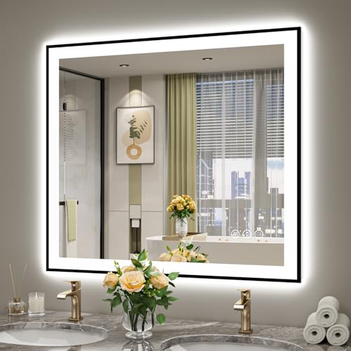 Image of 40x36 Inch LED Bathroom Mirror with Lights (Front Lit and Backlit) Black Framed Lighted Vanity Mirror for Bathroom Wall Dimmable Anti-Fog Memory Tempered Glass Horizontal /Vertical
