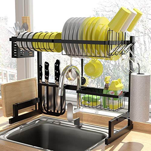 KINGRACK Over The Sink Dish Drying Rack, 2-Tier Dish Rack, Dish Drainer with Utensil Holder&Hooks, Kitchen Storage Organizer for Plates Bowls Pots, Black, for Sink Size < 24.8''