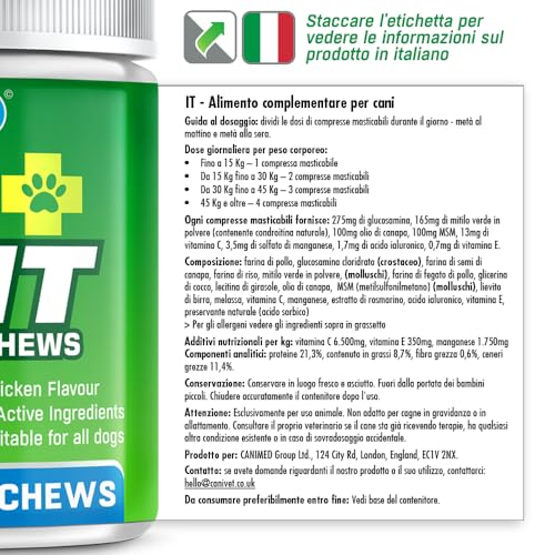 Canivet Hip + Joint Cani Articolazioni | 150 X Masticabili | Con Cozza Verde, Glucosamina, Condroitina, Olio Canapa, Msm, Acido Ialuronico, Manganese | Integratore Articolazioni Cane Gusto Pollo - 2