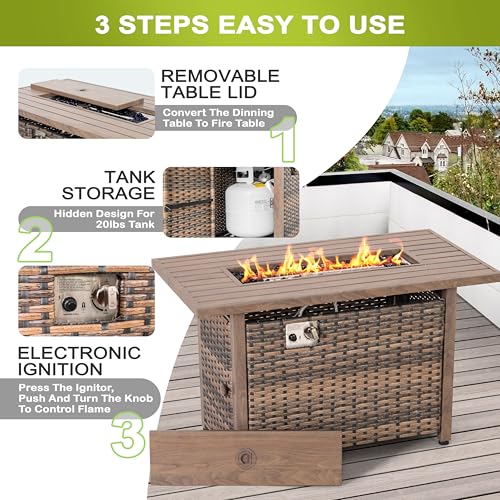 Image of Nuu Garden 43 Inch Propane Fire Pit, CSA-Listed Outdoor Fire Pit Table, 50000 BTU Gas FirePit with Lid, Glass Wind Guard, Glass Beads, 2-in-1 Rectangular FirePit for Outside Backyard, Brown
