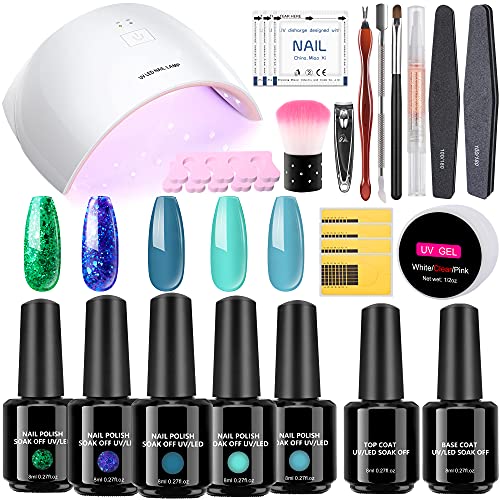 Gel Nail Polish Kit with UV Light, 5 Colors Gel Nail Kit for Starter and Professional, Gel Polish Kit Sparkly Glitters, Manicure Gel Kit with Base and Top Coat (Blue)