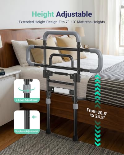 Image of Bed Rails for Elderly Adults Safety, 180 Foldable Bed Rail with Adjustable Height & Width, 350lb Load, Extra-High Design, Wide Base, LED Light & Storage Pockets - Fits King /Queen /Full /Twin Beds