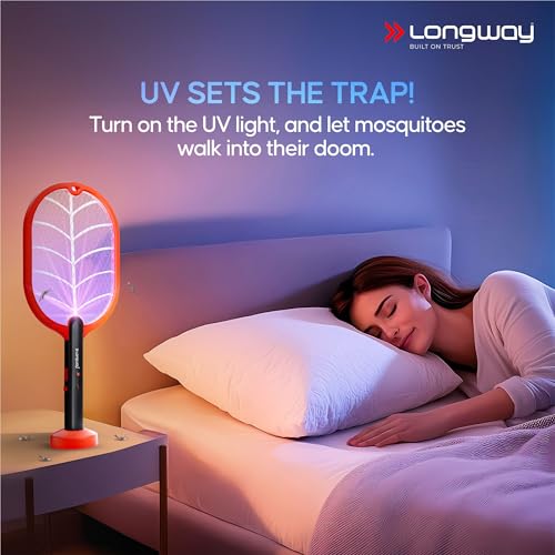 Image of Longway Swatt 2 in 1 UV Light Rechargeable Mosquito Killer Racket with Base Stand | 3500V DC Voltage on The Net Mesh | USB Type-C Charging | 1 Month Stand by 1200mah Long Lasting Battery (Black)