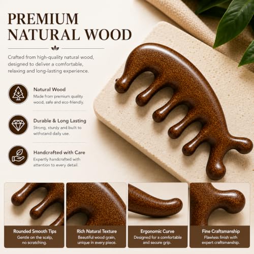 Image of Wooden Scalp Massager Comb for Hair Growth & Relaxation, Handheld Head Massage Tool for Stress Relief, Scalp Stimulator for Men & Women, Ergonomic 5 Finger Design
