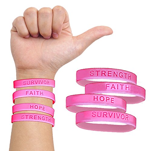 72 Pack Inspirational Breast Cancer Awareness Pink Wristband with Motivational Messages of Faith, Hope, Strength, and Survive. Be Strong Quote Bracelets. Stay Motivated Forever!