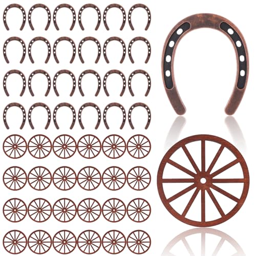 MBAIYO Juego de 48 piezas de decoraciones de fiesta occidental, mini herraduras y ruedas de carro para vaquera, cumpleaños, boda, centros de mesa de madera rústica y decoración de metal