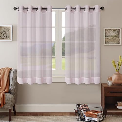 Megachest Woven fancy Voile metallic ring top Curtain 2 Panels with ties LINEN-PINK 56" wideX54 drop(W142cmXH137cm)