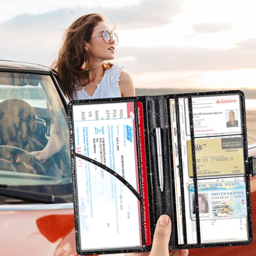 Rsaquar Car Registration And Insurance Holder, Leather Glove Box Organizer Cool Car Accessories, Car Document Holder For Cards, Driver's License And Essential Document, Black Glitter #TOP7