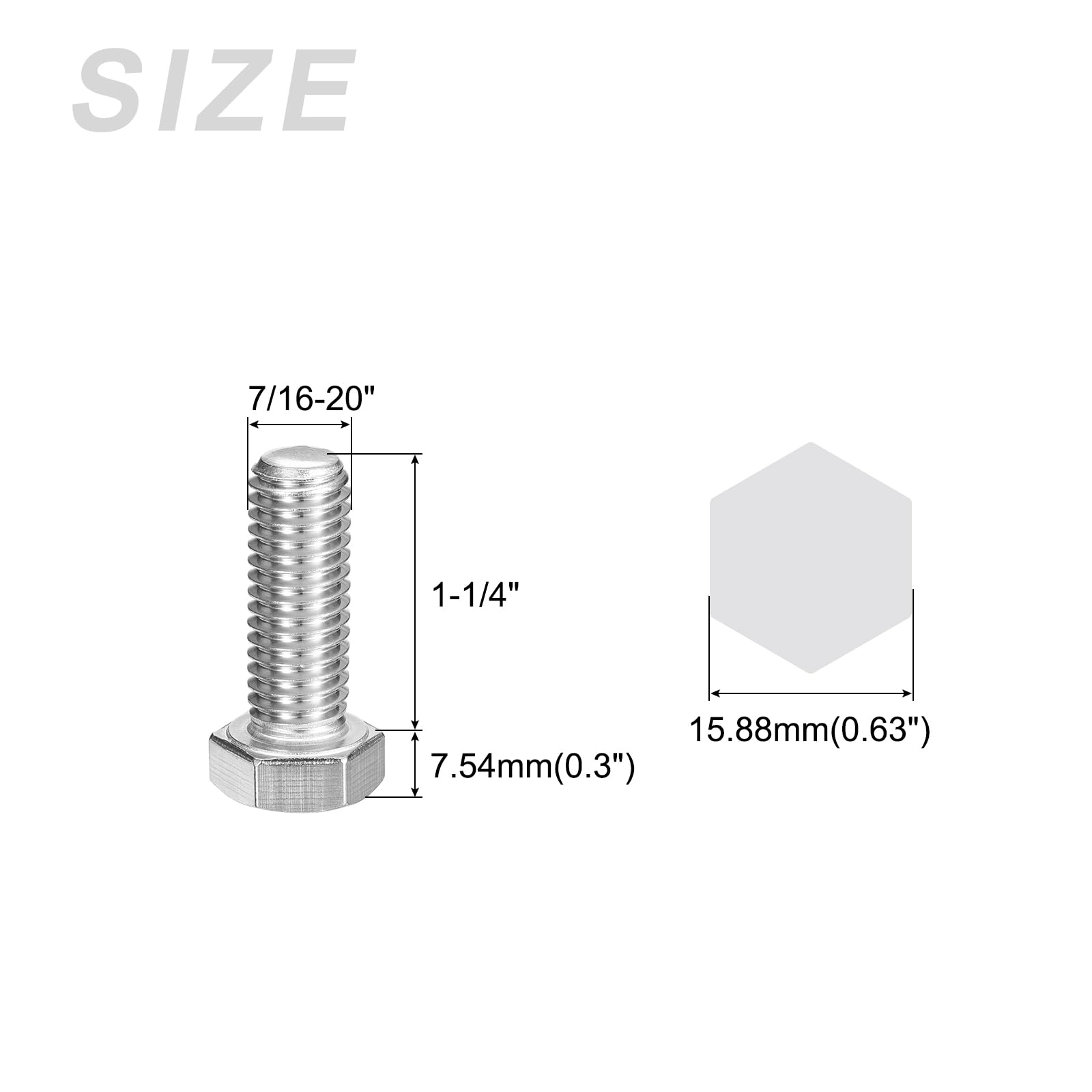 METALLIXITY Hex Head Bolts (7/16-20 x 1-1/4") 6Pcs, 304 Stainless Steel 18-8 Fully Threaded, External Hex Drive, Plain Finish - Image 2