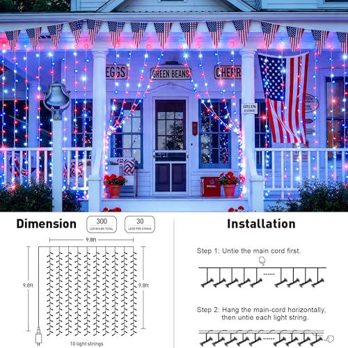 Image of JMEXSUSS 300LED Red White & Blue Curtain Lights for 4th of July, 9.8x9.8ft | Plug in, with Remote, Patriots Hanging String Lights for Bedroom, Wall, Window, Backdrop, Patio, Porch, Indoor, Outdoor Decor