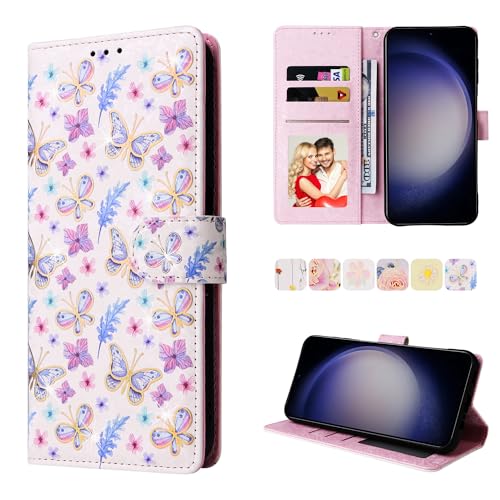 UEEBAI Wallet Case for Samsung Galaxy S24 5G, PU Leather Phone Case Kickstand RFID Blocking Flip Case Card Slots Wrist Strap Relief Engraved Pattern Magnetic Closure Folio Case - Butterfly