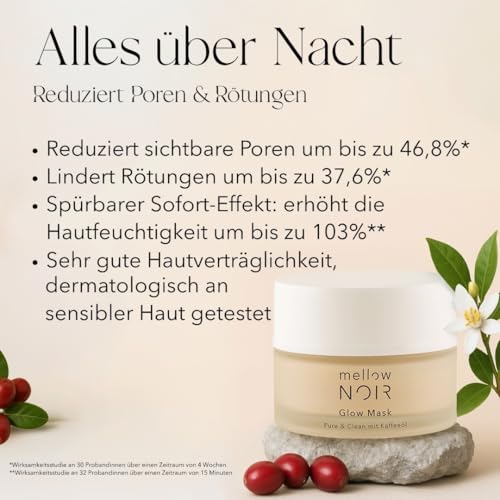 Mellow NOIR Glow Mask 50ml | tägliche Nachtcreme für eine ebenere Haut | Reduziert sichtbare Poren & Rötungen mit spürba