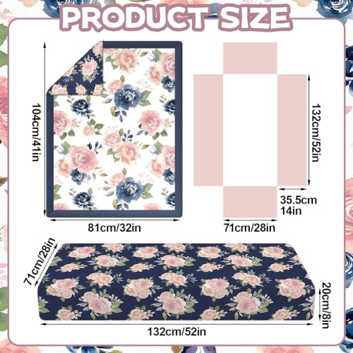 Image of Hahafelt 3 Pcs Pink Floral Baby Crib Bedding Set Navy Blue Elegant Botanical Decor for Infant Bed with Flowers Print Includes Quilt, Fitted Sheet, Skirt for Baby Girl Gifts