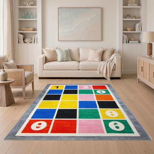 ODIKA Flatwoven High Traffic Area Rug 5x7, Grey Rug with Colorful Hopscotch Squares and Bold Outlines, Non Slip, Stain Resistant, Washable Area Rugs for Living Room, Bedroom (Blue, 5x7)